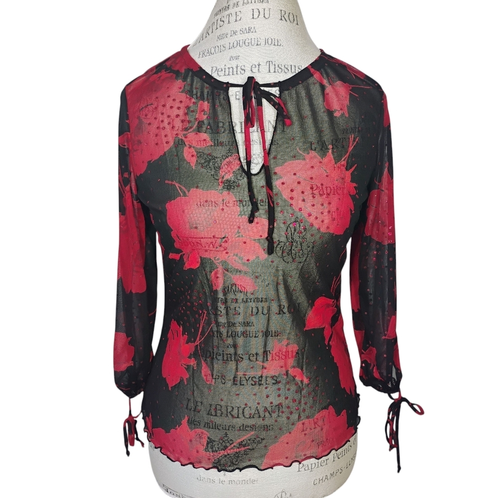 Vintage A Byer Y2K Sheer Floral Top Black Red Glitter Whimsigoth Size Medium